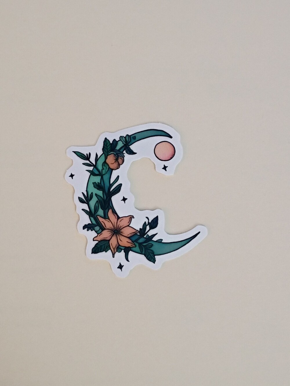 10/$10 Stickers Decal - Green Crescent Moon w/ Orange Flowers & Green Leaves
